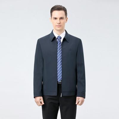 Men's Blue Zip-up Middle-aged Jacket, Loose Lapel Navy Blue Coat