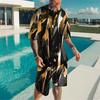 Men Black Gold Swirl Texture Split Print Short Sleeve Tee And Matching Shorts Two Piece Suit