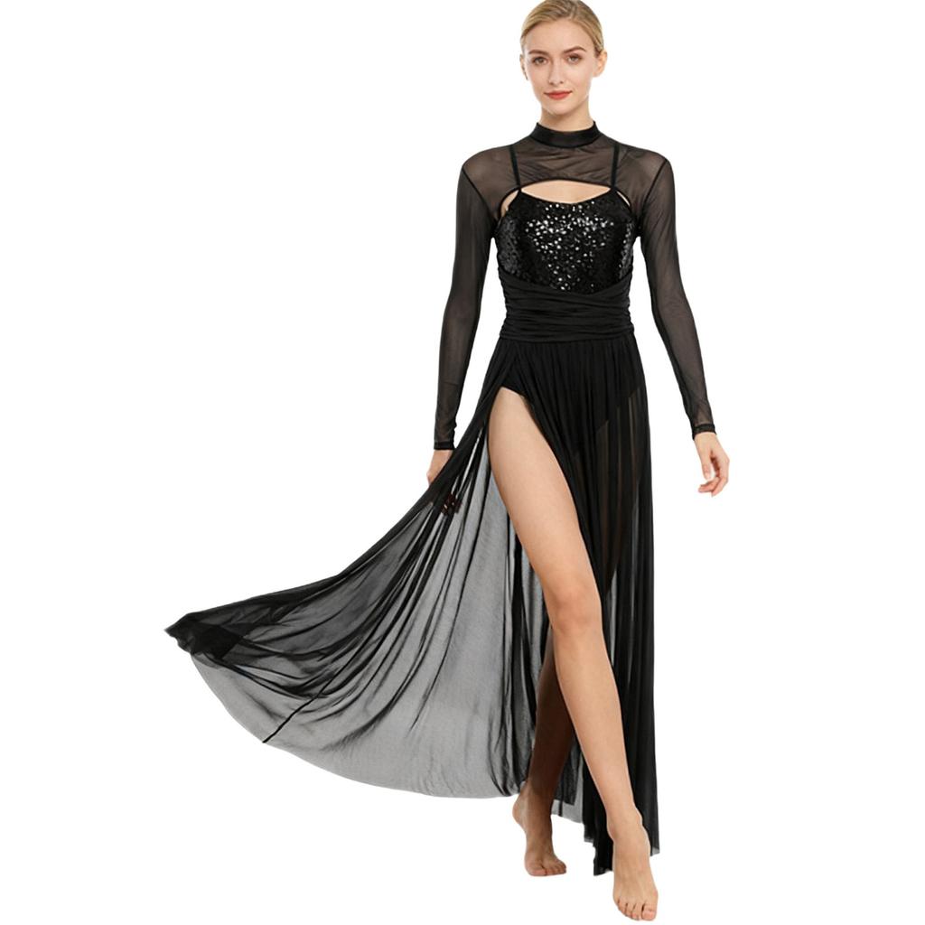 Ladies Sequin Long Sleeve Lyrical Dance Dress Mesh Tulle Flowy Maxi Long Dress Built In Briefs Performance Wear