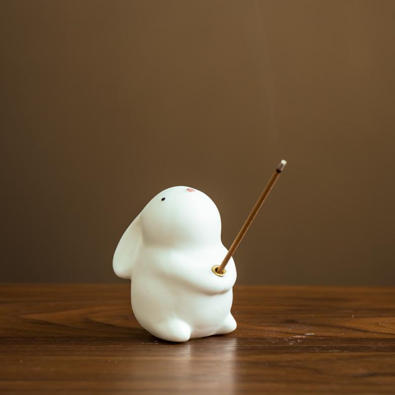 Jade Rabbit Ceramic Incense Burner - Cute Mini Tea Pet for Mid-Autumn Festival, Moon Rabbit Home Décor, Stick Incense Holder Base.