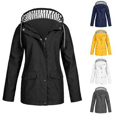 Women Solid Stripe Rain Jacket Outdoor Plus Waterproof Hooded Raincoat Windproof