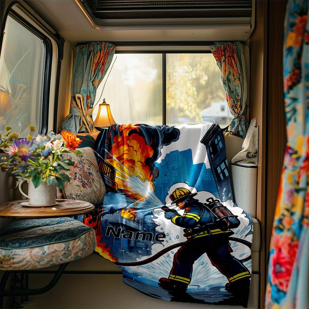 Firefighter Fighting Flames Rv Blanket Personalized Name Soft Comfortable Stylish Rv Blanket Car Blanket Perfect For Rv Travel Rv Camping Rv Outdoor