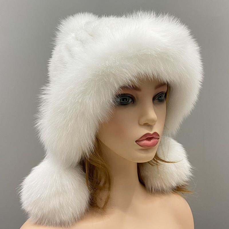 Real Mink Fur Hats Knitted Ear Cap Genuine Warm Snow Fluffy Female Fox Fur Hat Outdoor Luxury Woman Hat