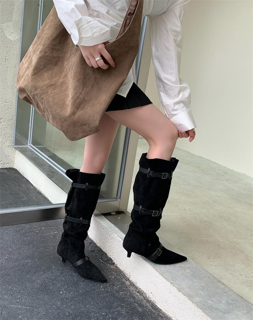 Pointed big tube around piled boots niche design retro western cowboy boots thick heel hot girl fashion sense long boots women
