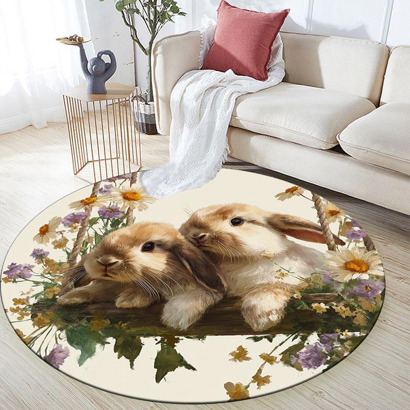 Two Rabbits pattern round rug,Carpet Rug for Living Room Bedroom Playroom ,Non-slip Floor Mat,Holiday Gifts and Birthday Gifts.