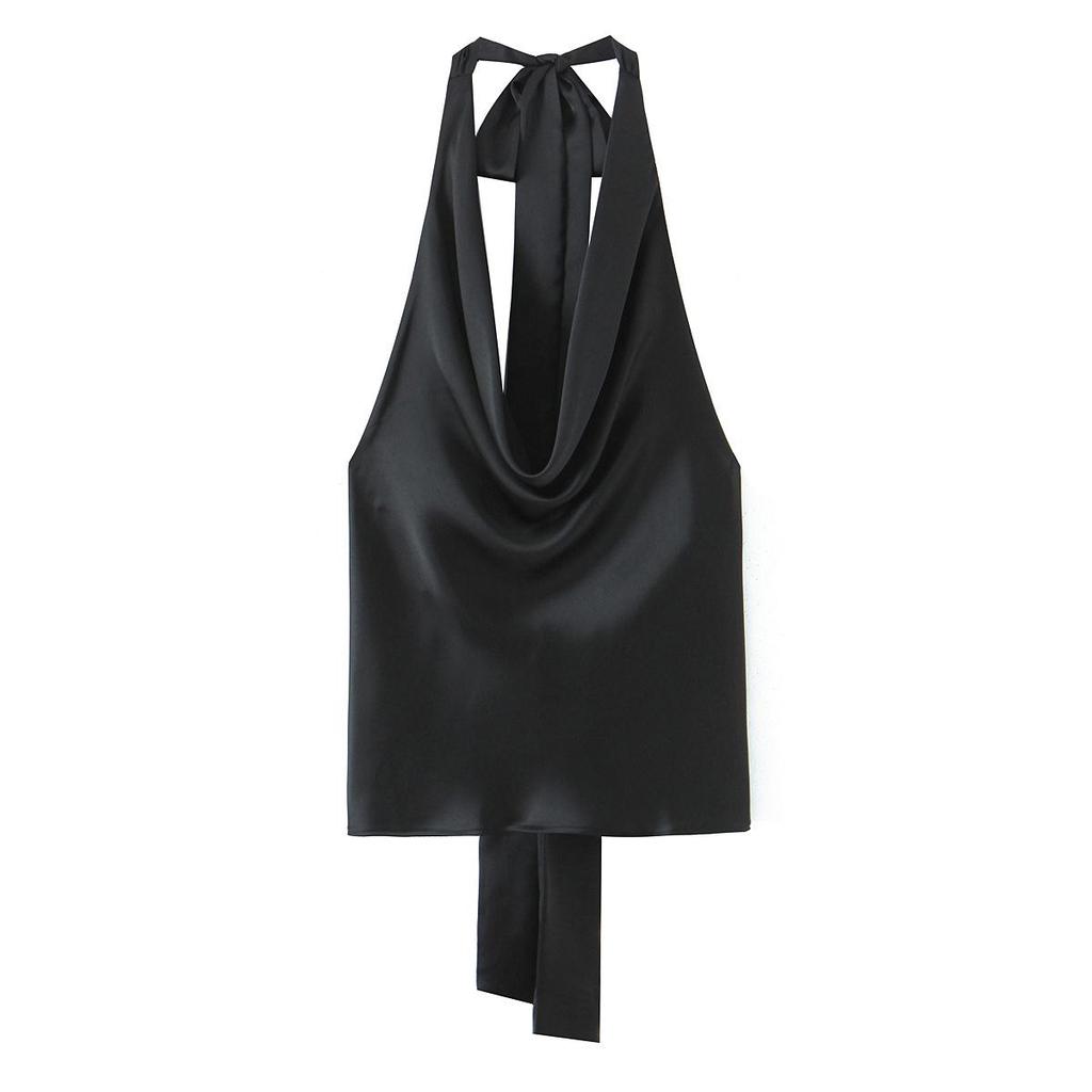 2025 Spring Women's European & American Halter Neck Silk Satin Top - Fashionable & Elegant
