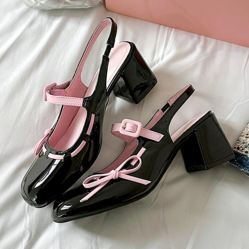 Patent Leather Mixed Color Chunky Mary Jane Shoes Women Sweet Round Toe Bowknot Sandals Fashion Party Buckle Wedding High Heels