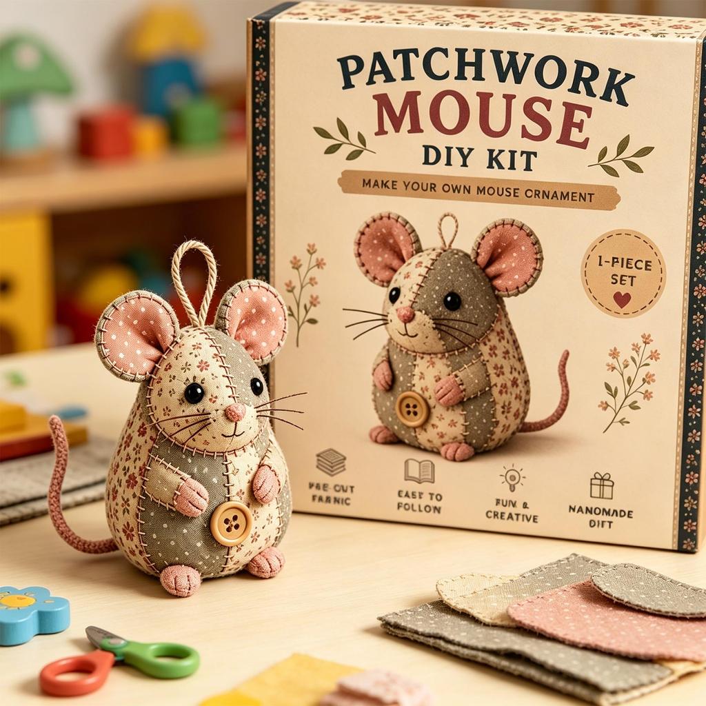 Patchwork Mouse DIY Sewing Kit with PreCut Fabric Felt Accessories Instructions for Handmade Mouse Ornament Crafting