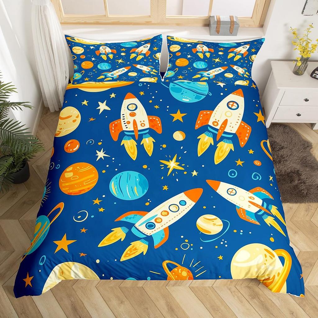Planet Kids Poszwa na kołdrę Planety Rakiety Sterowce Kosmos Galaktyka Zestaw pościeli, Gwiazdki Kropki Poszwa na kołdrę z kreskówkowym nadrukiem