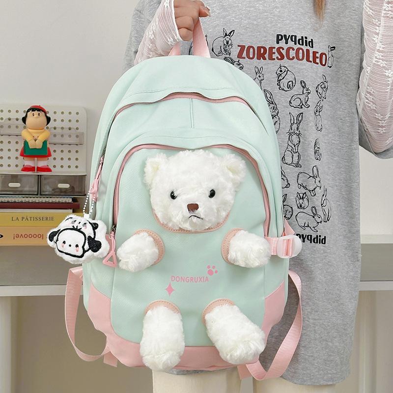 Cute bear schoolbag women's new fashion girl high-value junior high school student backpack student doll backpack