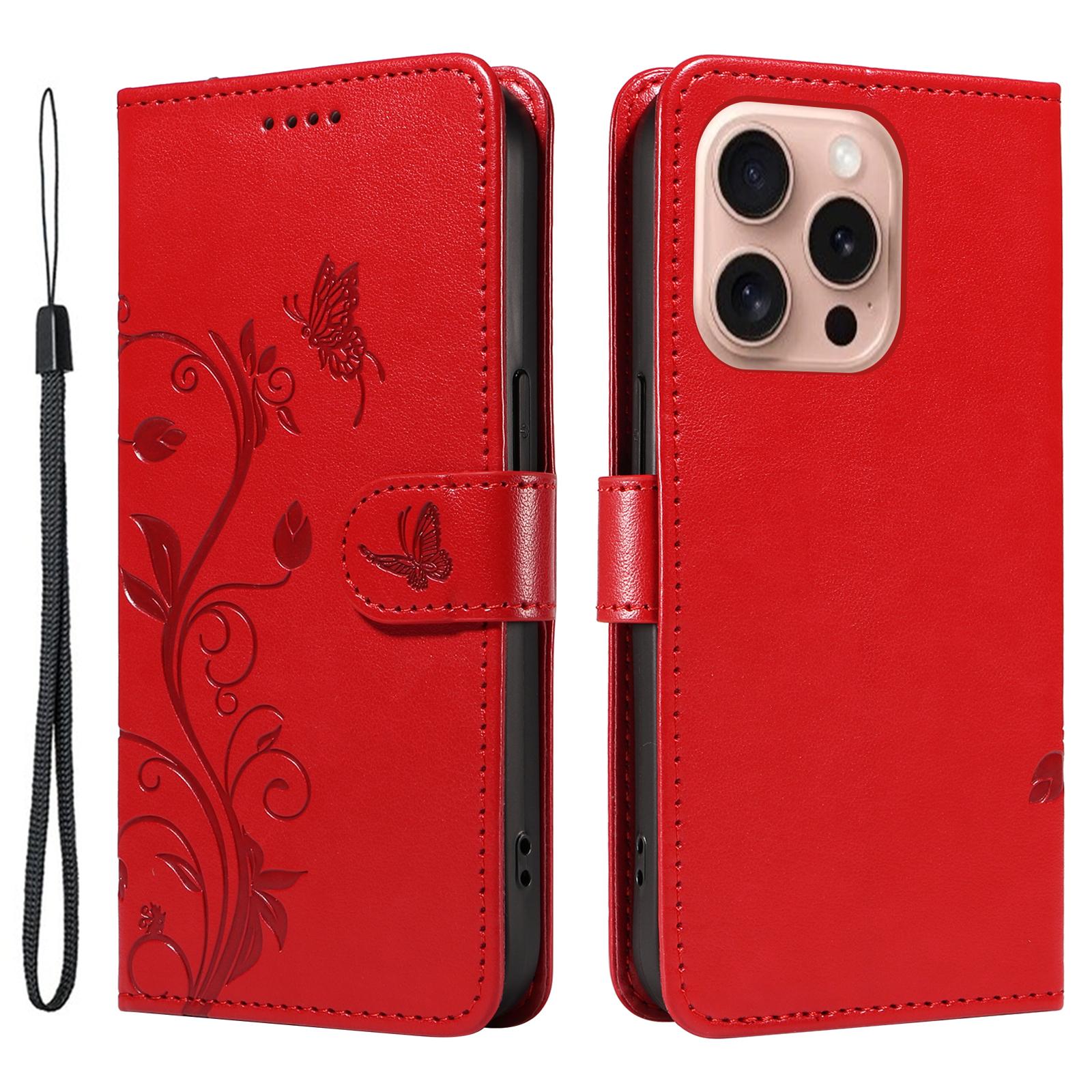 

For iPhone 16 Pro PU Leather Cases Flower Pattern Wallet Stand Phone Cover with Strap Red