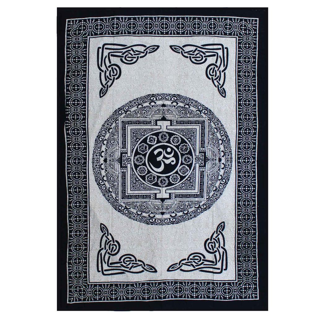 Cotton Bedspread Wall Hanging, Single Om Mandala Mono