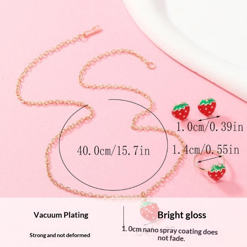 Kawaii Red Strawberry Enamel Jewelry Set 3Pcs Necklace Earrings Ring Hypoallergenic for Girls Party Wear Gifts