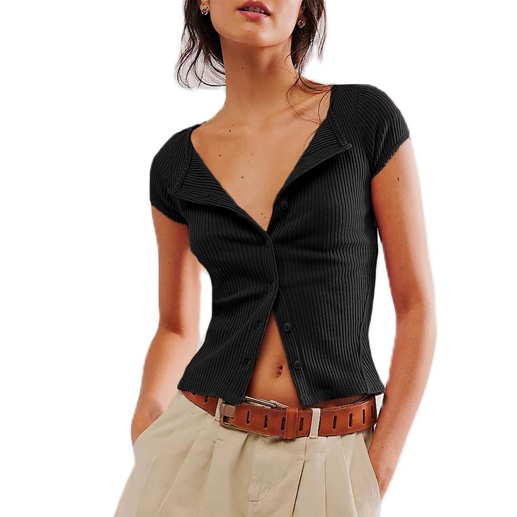 Fashionable Hottie Button Short Sleeve Ribbed Cardigan Top