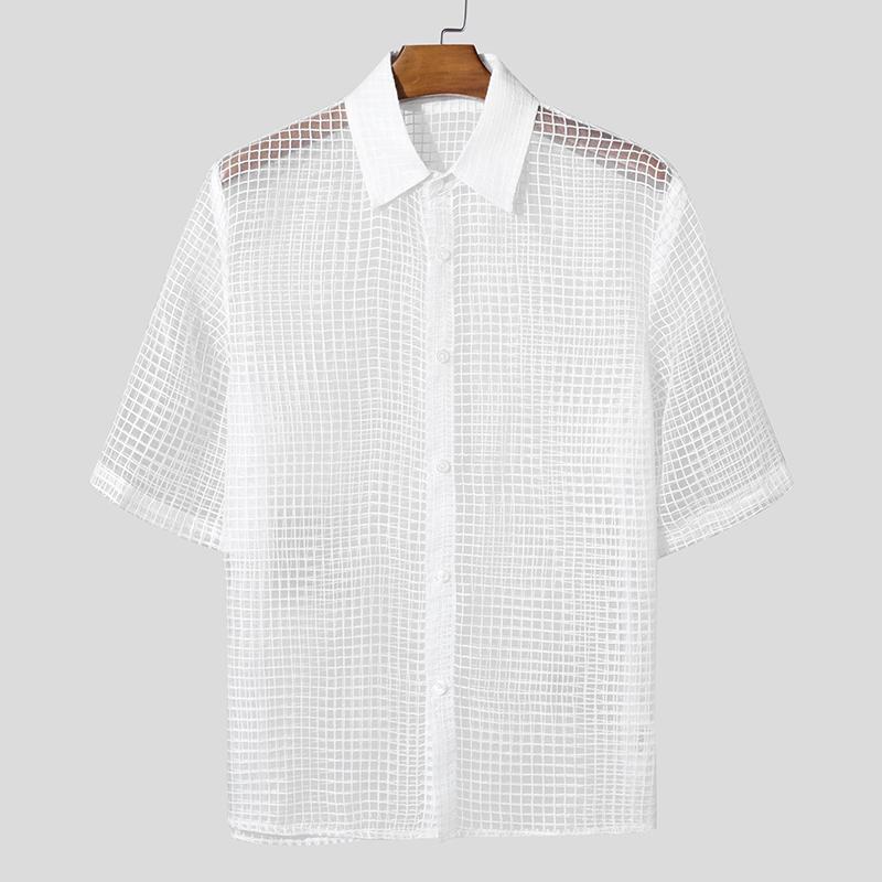 

INCERUN Мужские футболки с коротким рукавом в клетку с сетчатым принтом и лацканами для вечеринок и клуба S белый