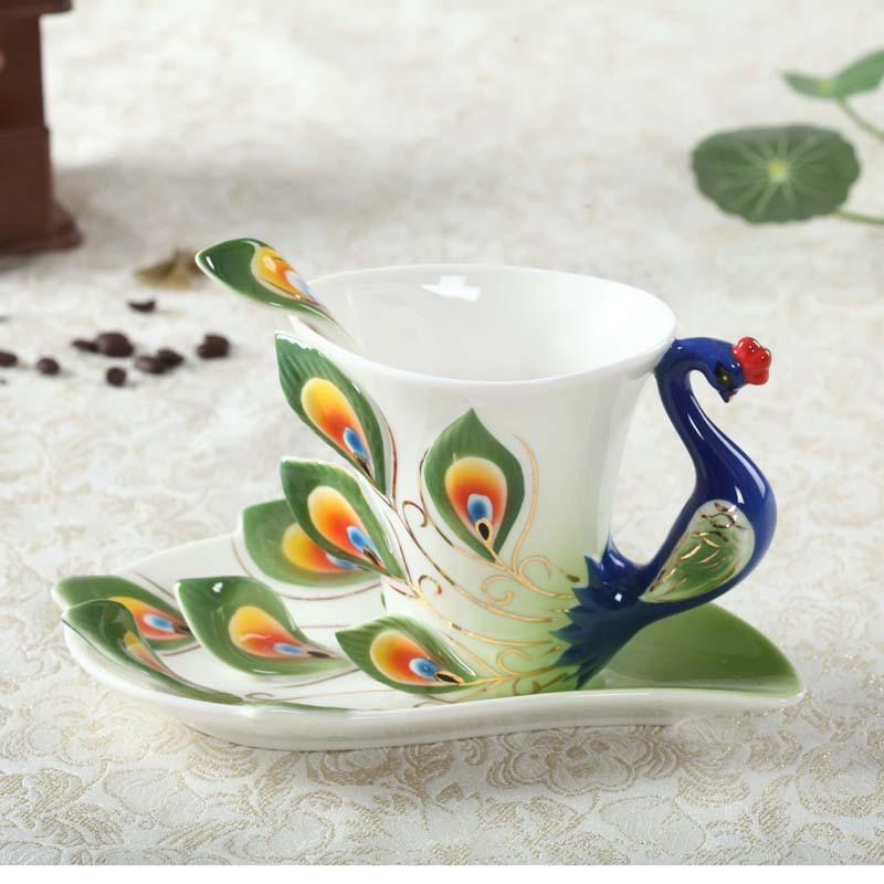 Fashion Enamel Porcelain Creative Peacock Coffee Cup