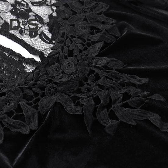 Women Cosplay Dress Dark Style Halloween Party Costume Lace Patchwork Flower Embroidery Fish Tail Hem Long Sleeves Tight Waist A-line Performance