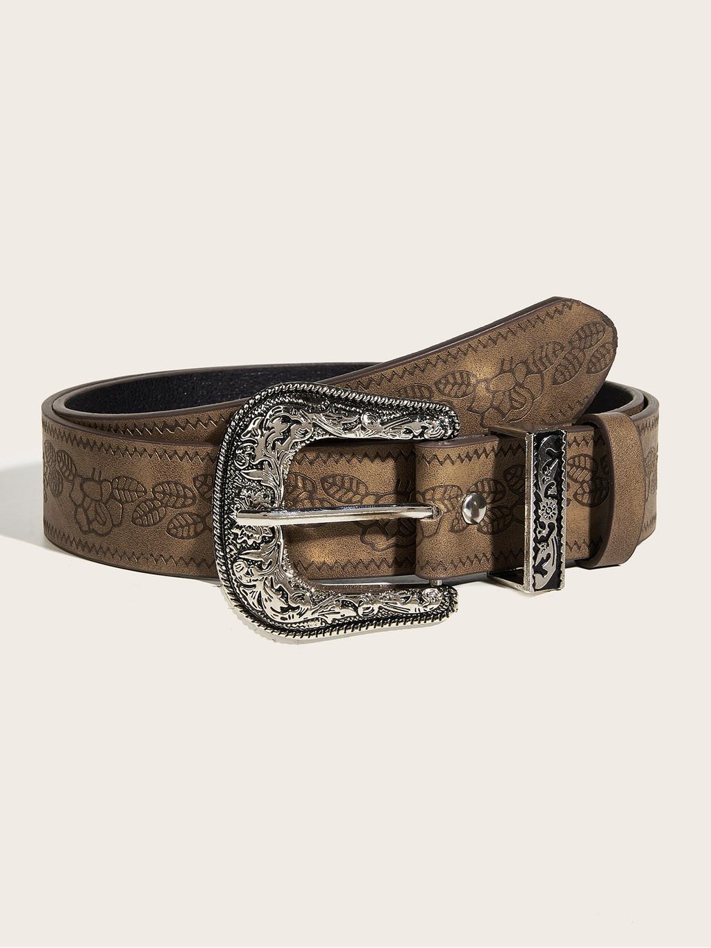 

Exotic Brown Belt With Intricate Carved Buckle Delicate Embossed Pattern And Floral Elements