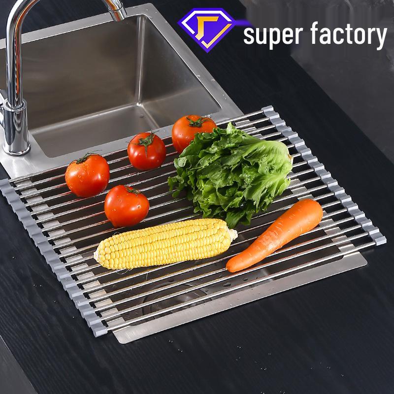 Foldable Stainless Steel Sink Drainer Rack & Roll-Up Dish Mat