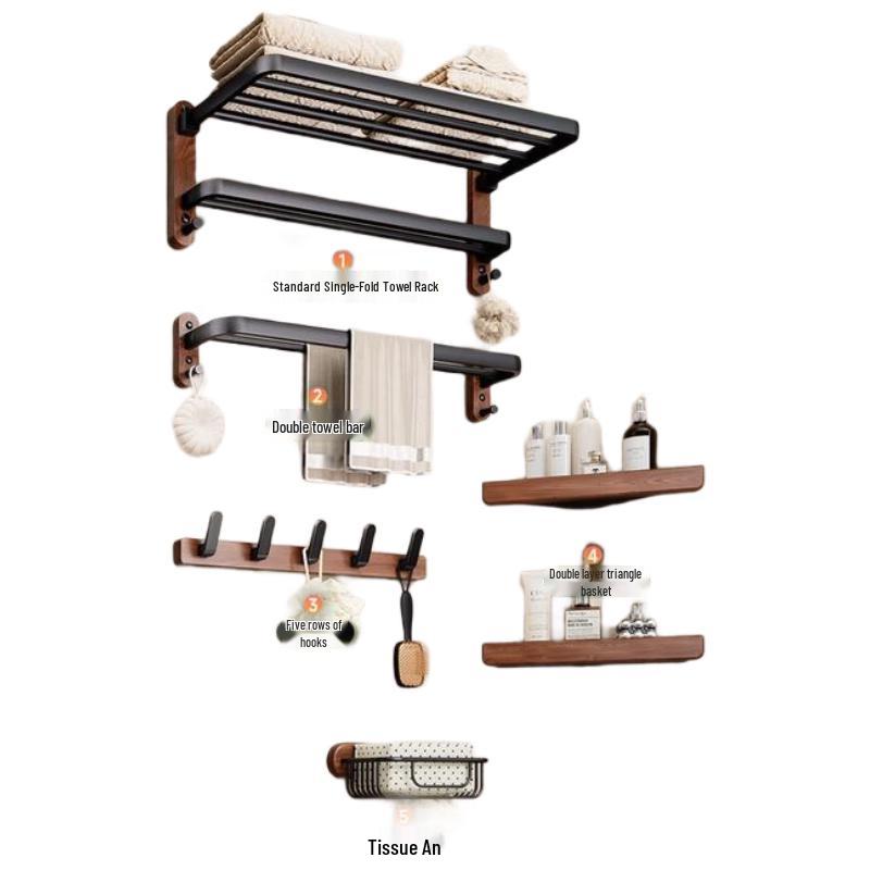 HANDUNYOU Black Walnut Towel Rack & Bathroom Storage 5-Piece Set
