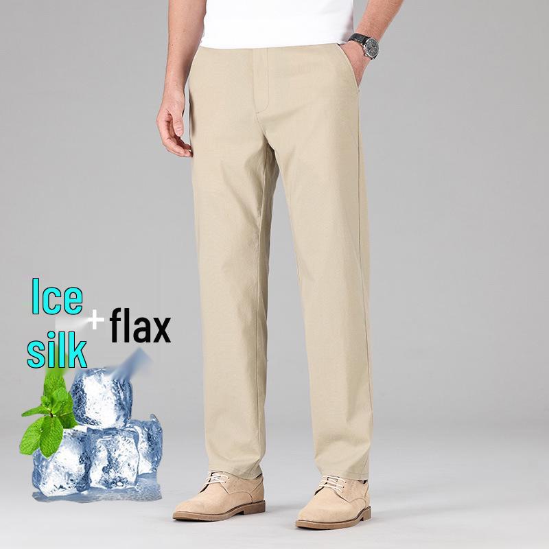

Men s High-End Linen Casual Pants: Spring/Summer Breathable, Stretch, Loose-Fit, Straight-Leg, Thin Ice Silk, High-Waisted, Long Pants. 29 жовтий/Лляний