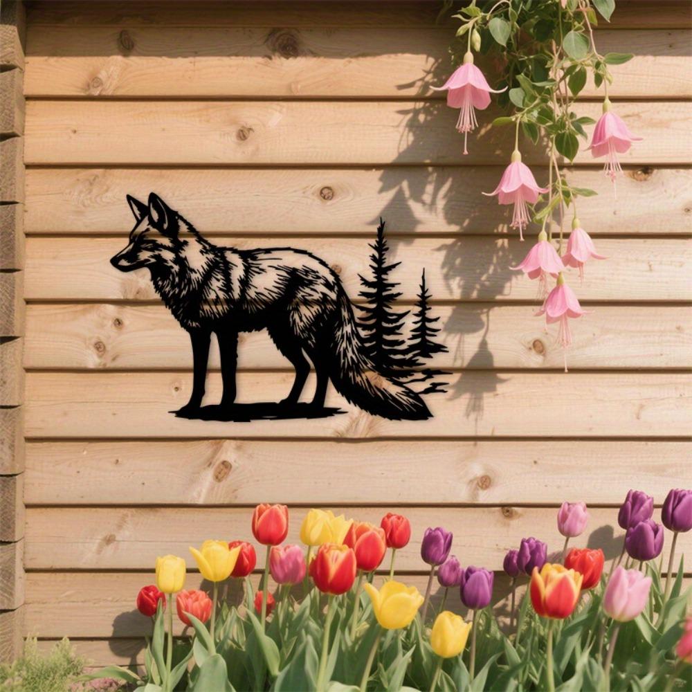 2D Flat Fox Pine Trees Metal Wall Art, Rustic Wildlife Silhouette Black Outdoor Decor for Living Room Cabin Office Indoor Outdoor Nature Inspired Sign