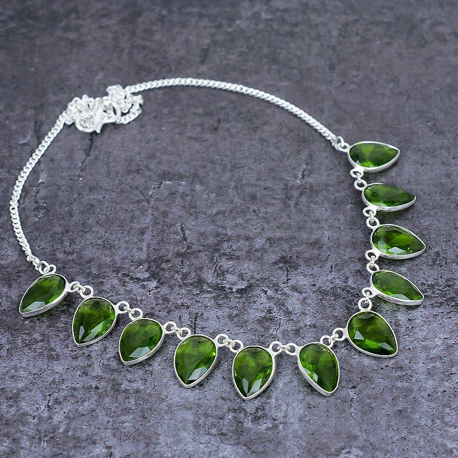 Ručně vyráběný náhrdelník z přírodního peridotu, stříbra 925, 18" o3i33