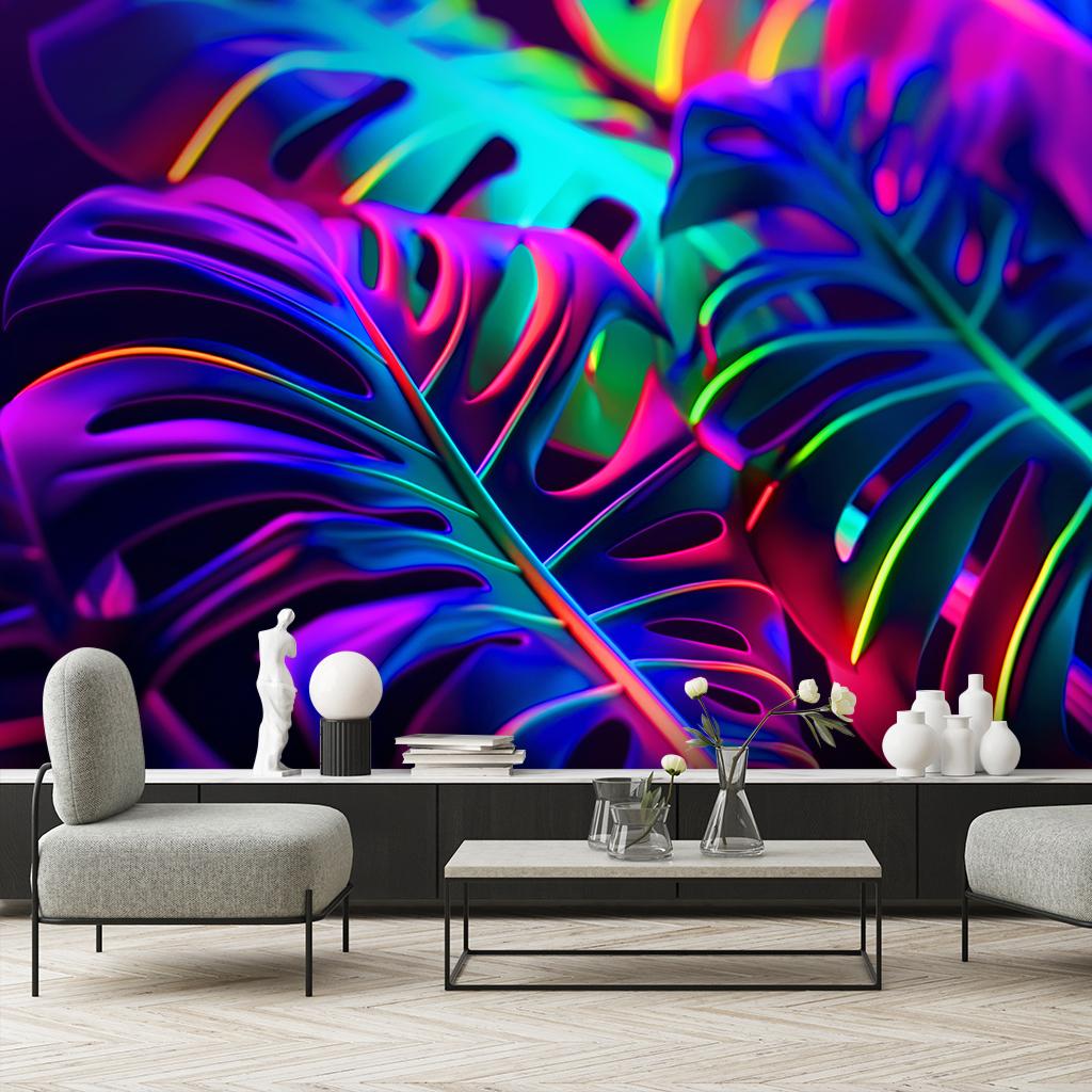 Wallpaper Monstera Leaves In Neon Colours
