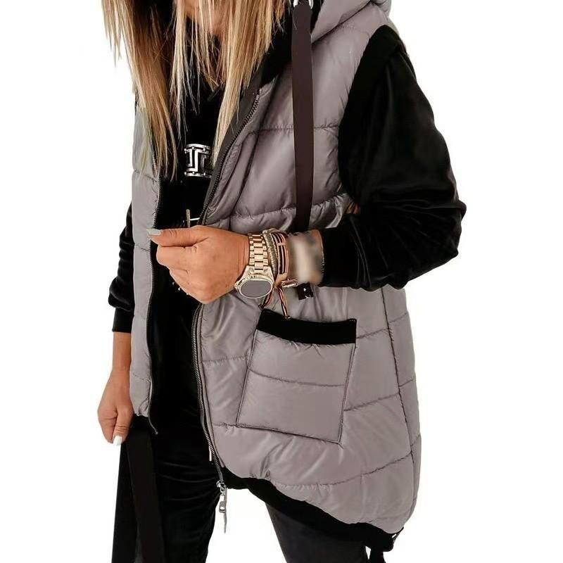 Womens Oversized Hooded Puffer Vest With Dual Front Pockets Winter Warm Cotton Blend Sleeveless Coat