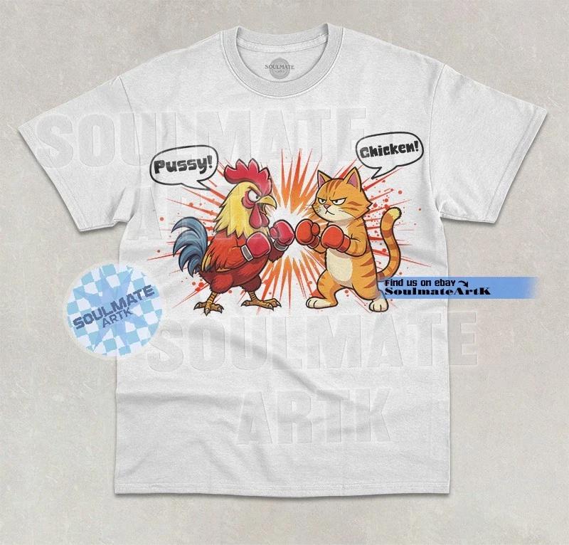 Chicken Vs Cat T-Shirt Funny Hilarious Animal Lover Joke Meme Graphic Shirt 4XL