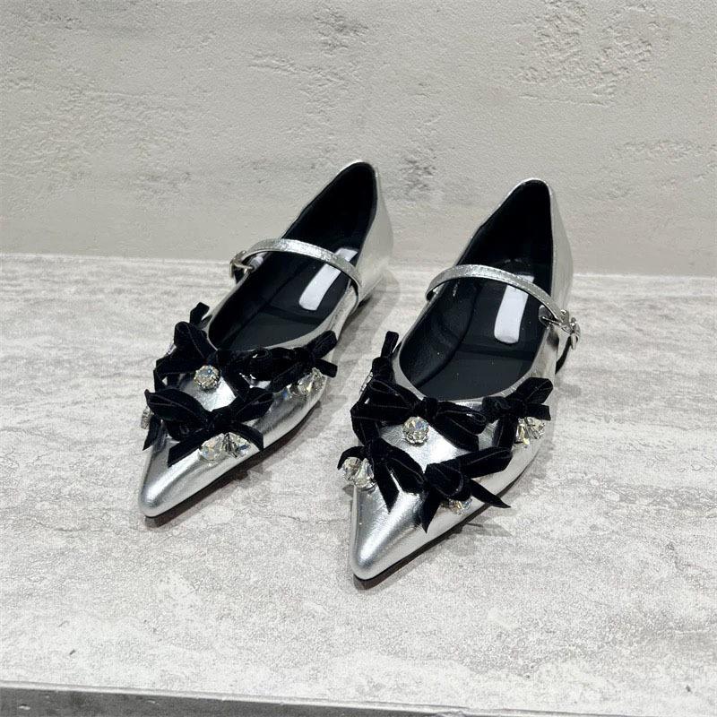 French Women's Singles Shoes 2025 Spring and Autumn New Rhinestone Temperament Pointed Toe Low-heeled Mary Jane Shoes