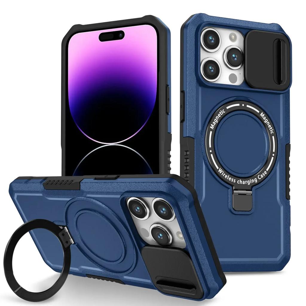 Coque avec béquille pour iPhone 15 14 Pro Max Plus Glissière pour appareil photo avec support invisible Protection contre les chutes de qualité militaire Coque magnétique robuste