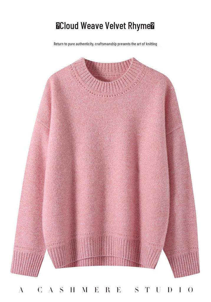 Women's 1980 Marled Yarn Round Neck Cashmere Sweater - Three-Strand Thick, Loose & Casual for Middle-Aged Moms
