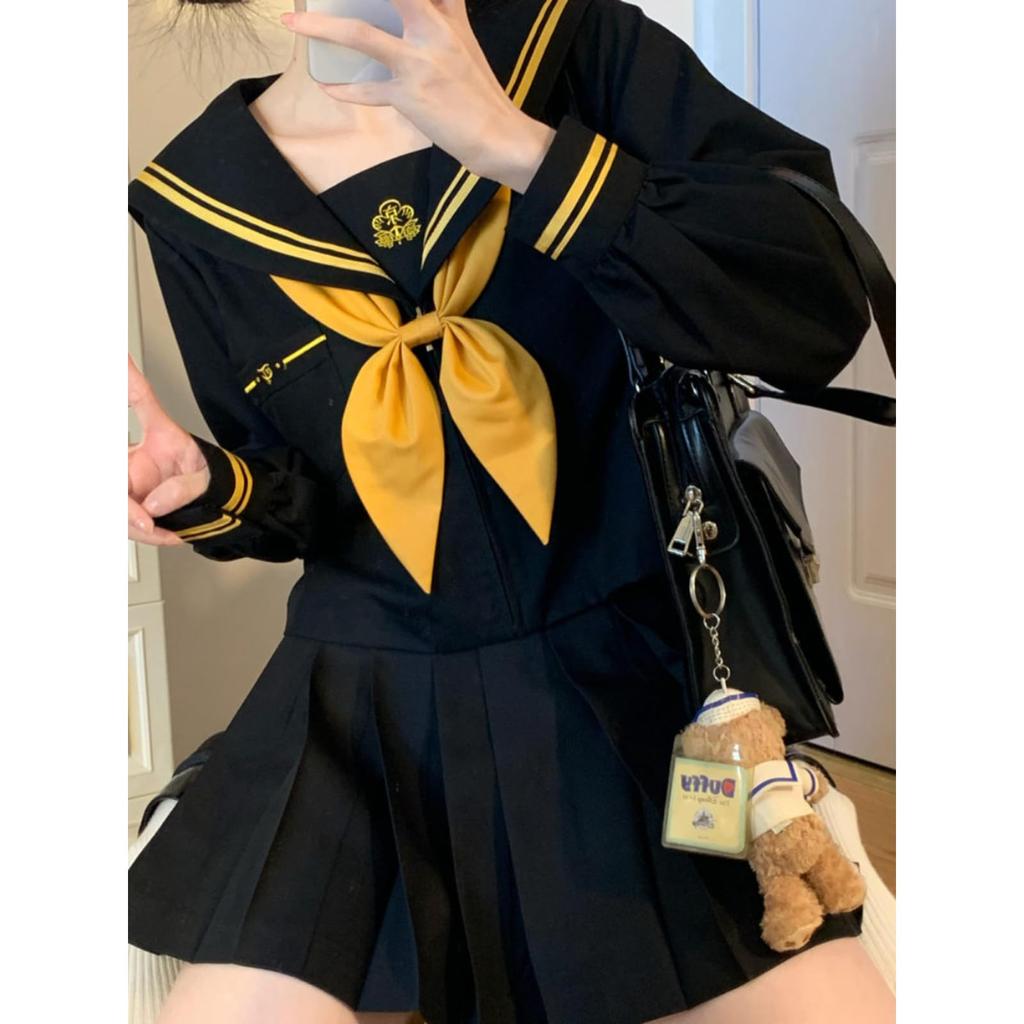 Longpen School Authentic Sailor Lolita Yellow Pleated Classic Cosplay Long JK Sailor School Lolita Costume for Photo Cultural Halloween Uniform, Suit,