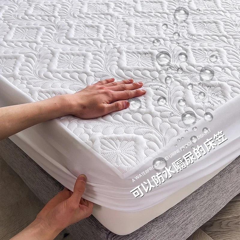Waterproof Solid Color Embossed Mattress Cover Thicken Fitted Sheet Bed Cover for Bedroom Hotel Soft Pad for Bed