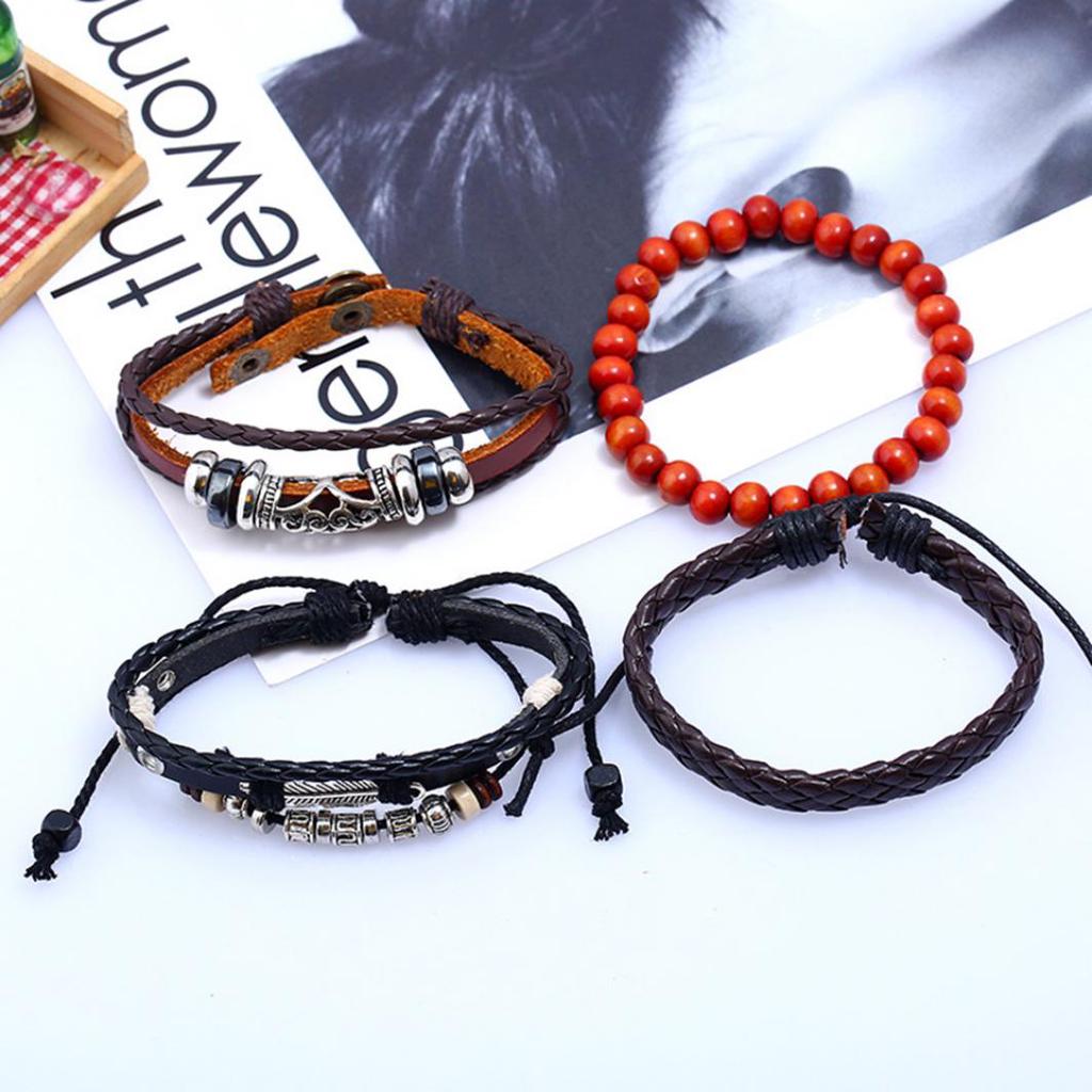4 Pcs Retro Punk Men Beads Faux Leather Braid Multi Layers Adjustable Bracelets