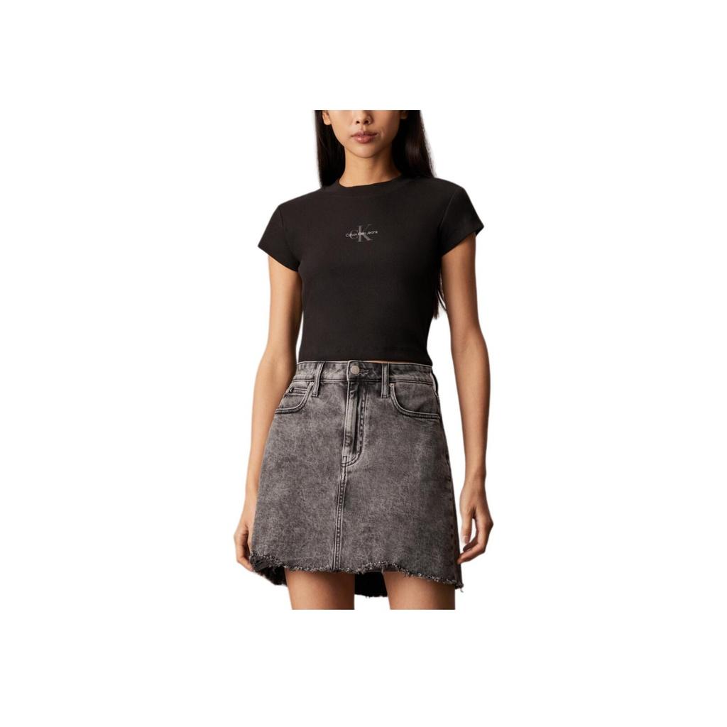 Calvin Klein Comfortable Letter Print Ribbed Knit Round Neck Short Sleeve T-Shirt Women Tops Black J224948-BEH