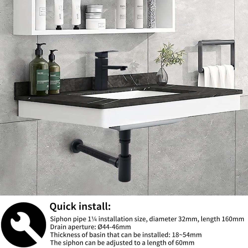 Design Siphon with Pop Up Valve Drain Fitting for Sink Black Matt, Universal Brass Siphon, Sink Plug,Odor Closure with Cleaning Opening