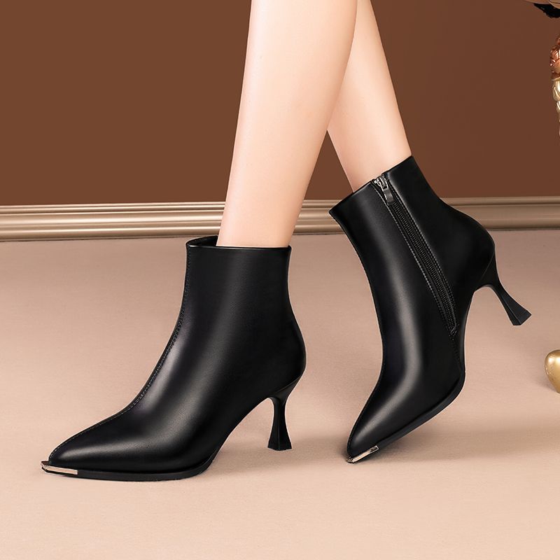Heeled Leather Pointed Toe Woman Short Shoes Autumn Winter Waterproof Warm Ankle Boots For Women New Trend  Booties Sale