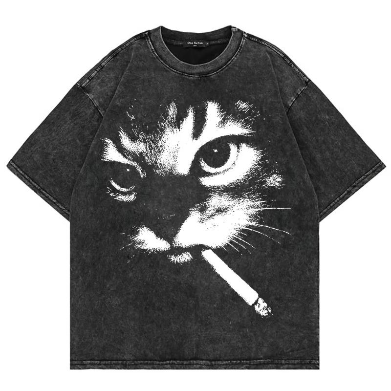 100% Pure Cotton Vintage Washed Y2K Funny Smoking Cat T-Shirt, Fashionable Unisex Cool Cat Joke Loose Acid Wash T-Shirt
