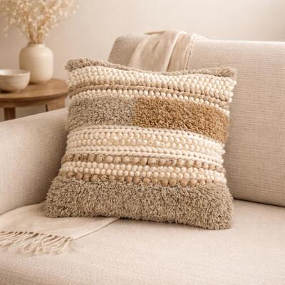 Beige/Grey Handwoven Cushion -Decorative Throw Pillow for Sofa, Armchair, and Bed