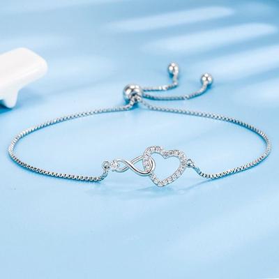 S925 Heart Limited Simple Zirconia Adjustable Length Silver Bracelet Silver Ball Bracelet Women's Bracelet Girls' Bracelet Student Bracelet