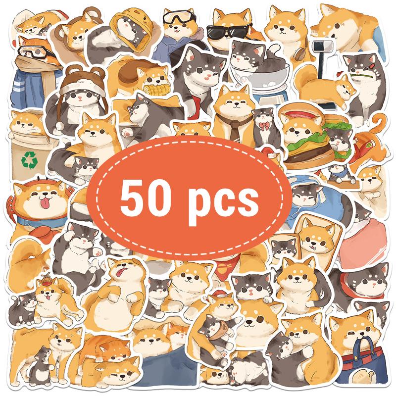 50 PCS Shiba Inu Akita Stickers Set Cute Funny Cat & Dog Adhesive Decals for Laptop Planner Scrapbook DIY Decoration