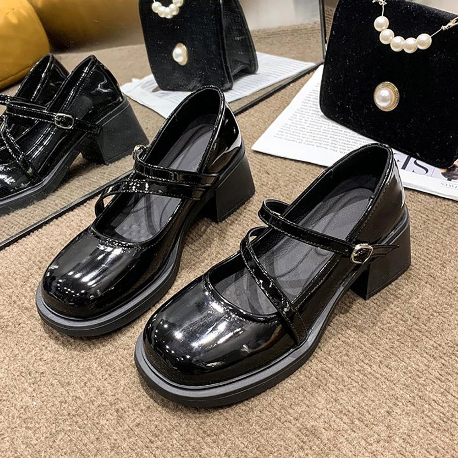 

Универсальные женские туфли из кожи в стиле ретро в японском стиле, лето 2025, новые туфли Мэри Джейн с круглым носком и толстым каблуком черного цвета 40