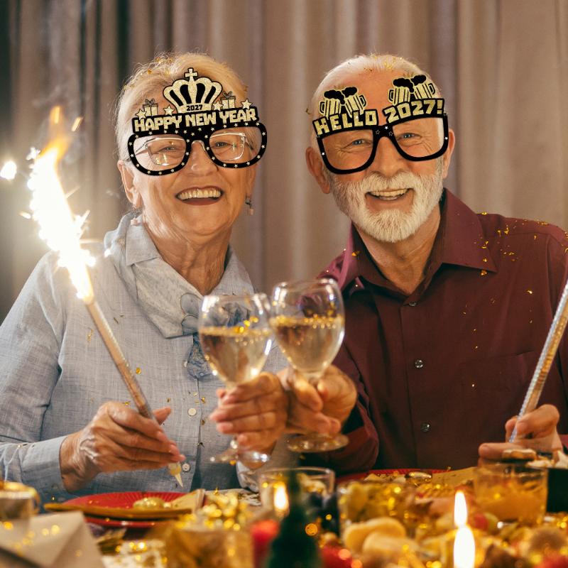 6/12/18Pcs 2027 Happy New Year Party Paper Glasses Black Gold Glitter For New Years Eve Gatherings Photo Booth Props