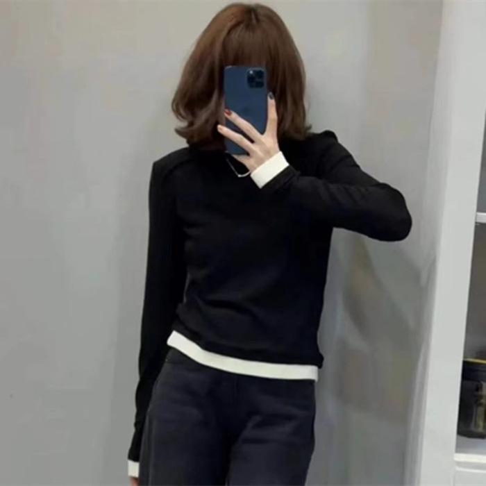 

Дизайн Sense Футболка большого размера с цветными блоками, пэчворком и многослойностью для женщин - Теплый начес внутри для осени/весны Medium чёрный