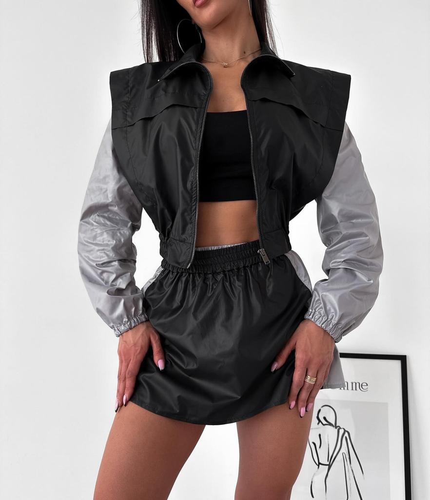 Damen Freizeit Set Mode Locker Colorblock Langarm Reißverschluss Strickjacke Kontrastfarbe Oberteil Rock Sportanzug