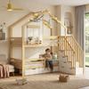 Bunk Bed, Children's Bed, Two Drawers with Rollers, Exquisite Windows, Safety Ladder with Handrails, Pine + MDF, White+Natural, 90x200cm