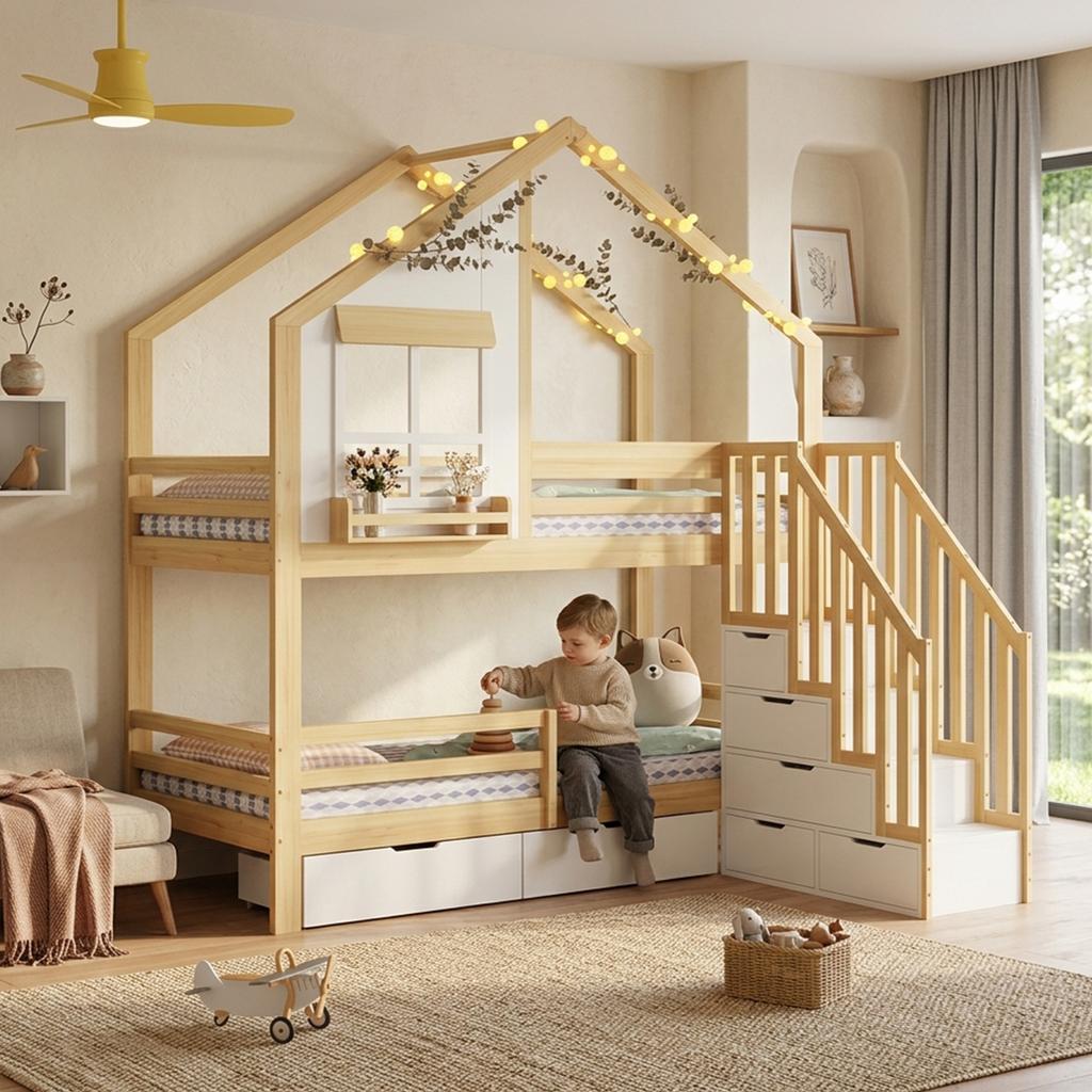 Bunk Bed, Children's Bed, Two Drawers with Rollers, Exquisite Windows, Safety Ladder with Handrails, Pine + MDF, White+Natural, 90x200cm