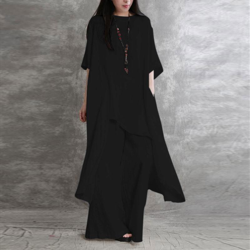 Plus Size Women's Cotton And Linen 2-piece Suit Casual Wear Sportswear Suit Short-sleeved O-neck Top Trousers